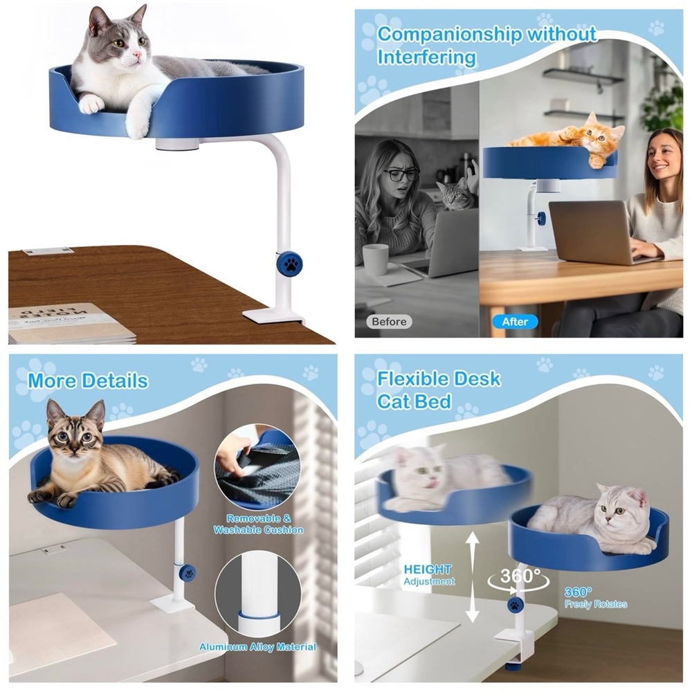 🐾 Blue Cat Desk Bed | Indoor Window or Office Nest | Elevated Space-Saving Perch - Picture 2 of 10